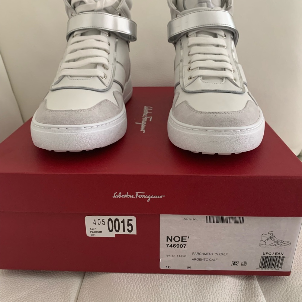 NIB Mens Salvatore Ferragamo "Noe" Leather High-Top Sneakers White/Nikel 10 - Picture 2 of 10